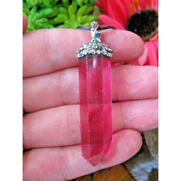 New Genuine Brazilian Pink Color Quartz Crystal Laser Point Pendant Necklace - Picture 1 of 7